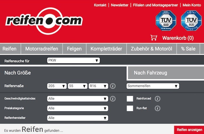 Reifen.com Webseite
