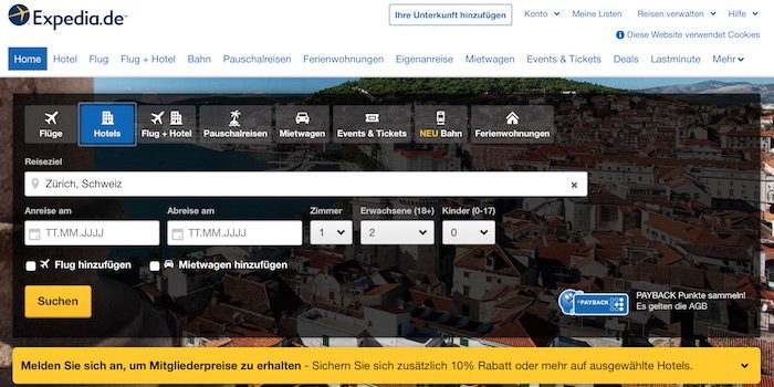 Expedia Webseite